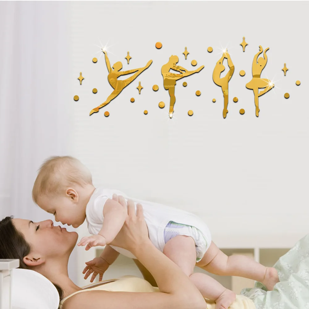 new 3D Acrylic Mirror Surface Wall Sticker Ballet Dance Girls Design for Dance room Kindergarten Wall Decoration 60067