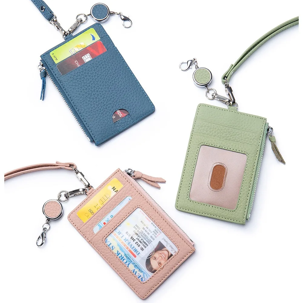 Genuine Leather ID Card Holder Buckle Lanyard Multi-functional Coin Purse Wallet Halterneck Document cover For Men Women