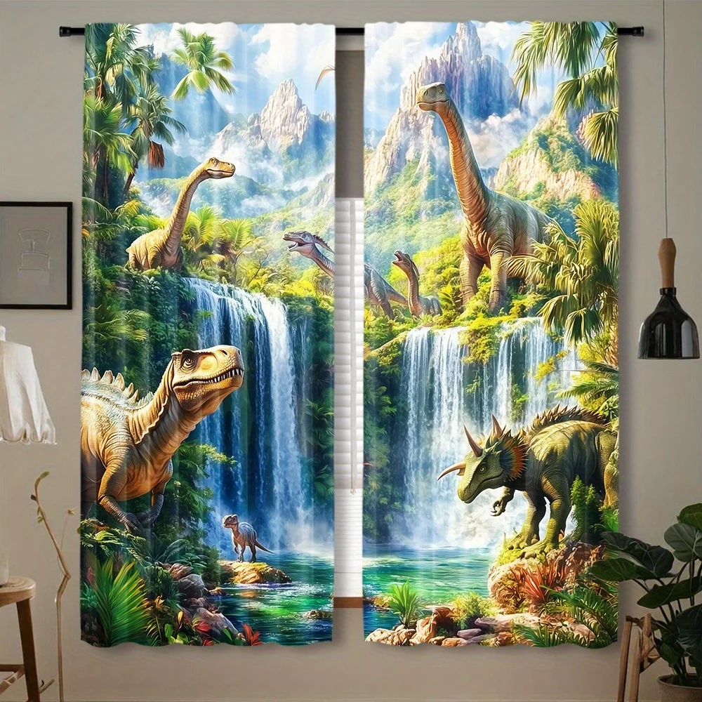 Dinosaur Jungle Waterfall Curtains 2 Panels, T-Rex Triceratops Brachio Tropical Palm Mountain Scenery Drapes Kids Bedroom Decor