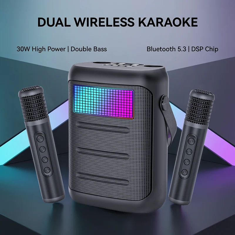 Portable PA Karaoke Speaker RGB HiFi Audio with 2 Wireless Microphones Indoor Outdoor Singing Speakers Support AUX/TF/USB Player