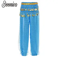 Kids Girls Belly Dance Performance Pants Sequined Dots Chiffon Oriental Trousers Bloomers with Beads Coins Hip Scarf Bellydance