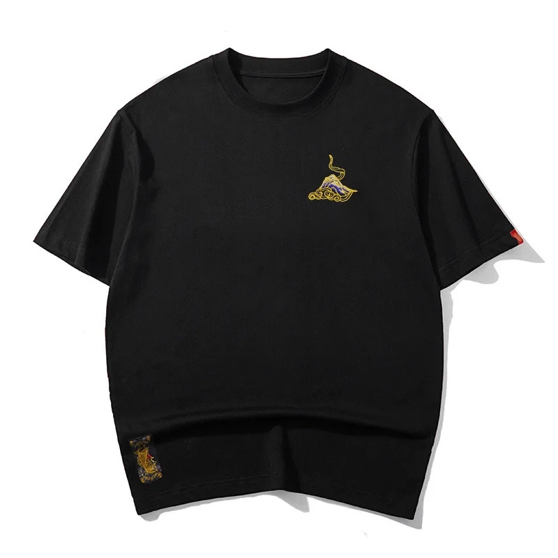 Summer Japanese Style Embroidery Tee Men, Traditional Cotton T-Shirt, Casual Loose Short Sleeve Blouse