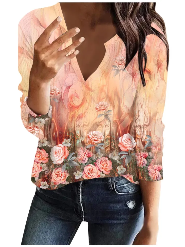 

Women's Autumn T-Shirts Fashion Flower Printing Casual Loose Length Sleeve Elegant V-Neck Commuting Pullover Female's Tops 2024