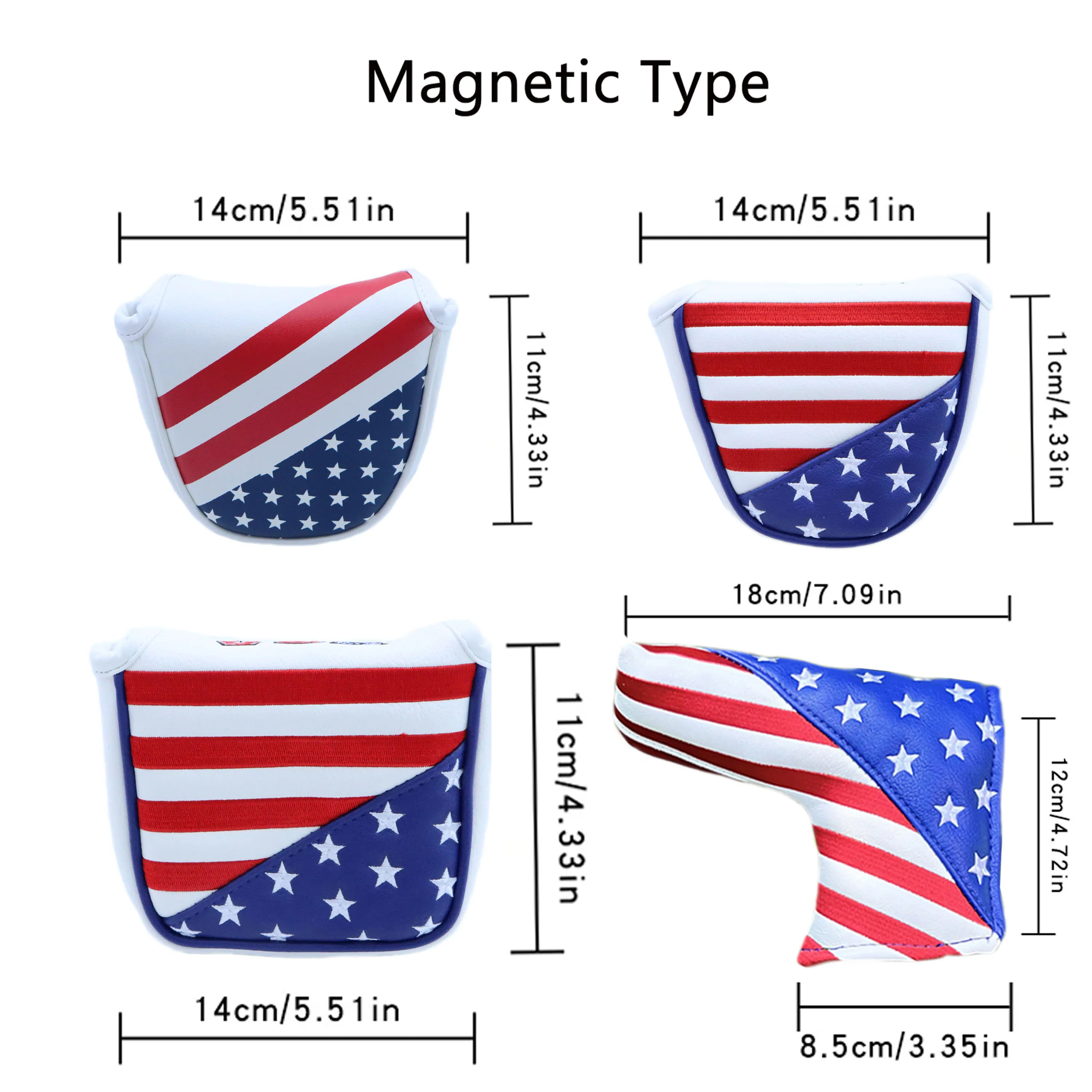 USA Element 마그네틱 타입 골프 퍼터 커버, 말렛 블레이드 클럽용, 방수 PU 가죽 골프 헤드 커버, 화이트 블루 보호대