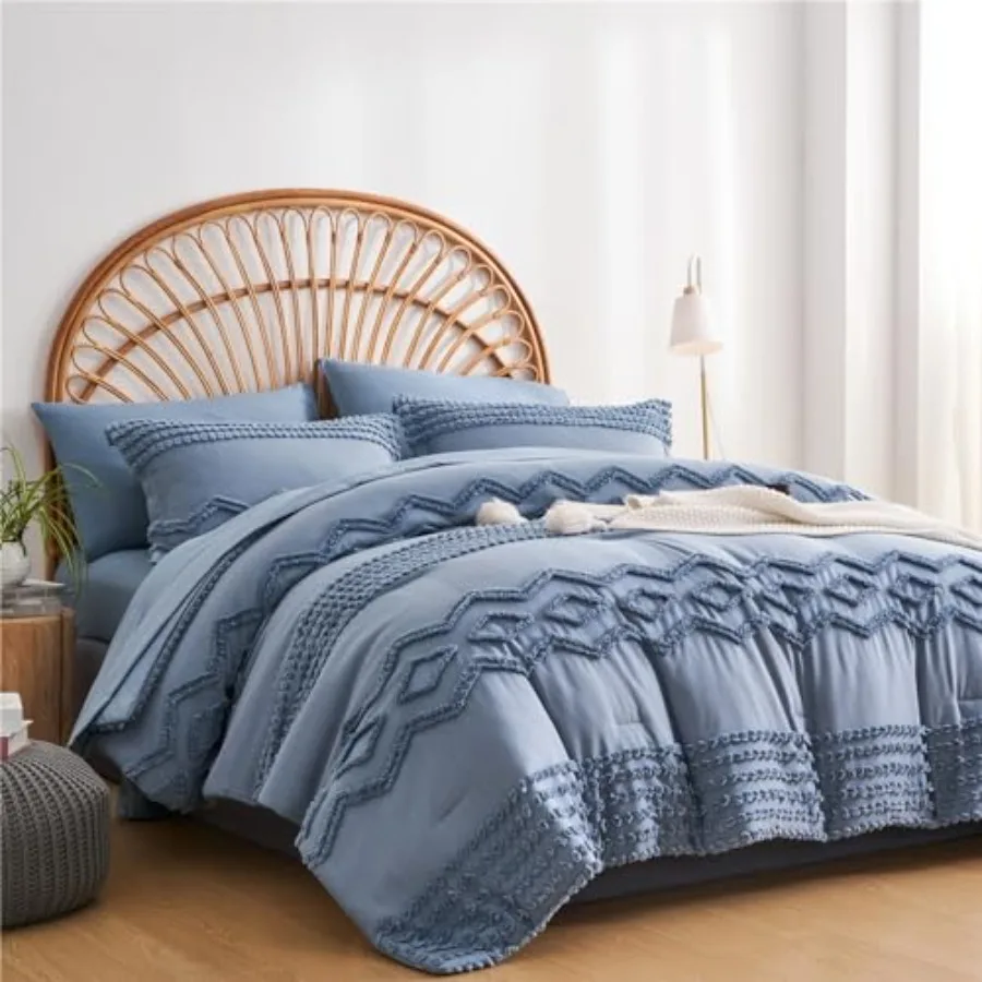 

Комплект постельного белья с тафтингом, размер King Size, 7 предметов, в стиле Shabby Chic Boho, с одеялом и простынями, с текстурой и помпонами, всесезонный.