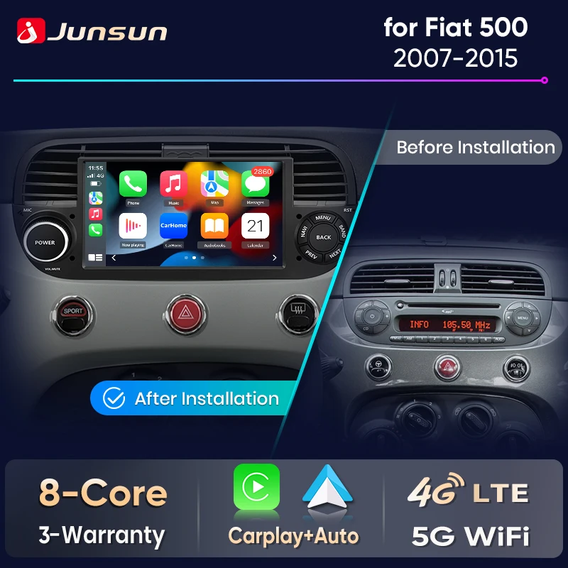 Junsun 7 "لاسلكي CarPlay أندرويد راديو السيارة التلقائي لشركة فيات 500 2007 2008 2009 2010-2015 نظام تحديد المواقع ستيريو الوسائط المتعددة واي فاي 4G 8core RDS #1