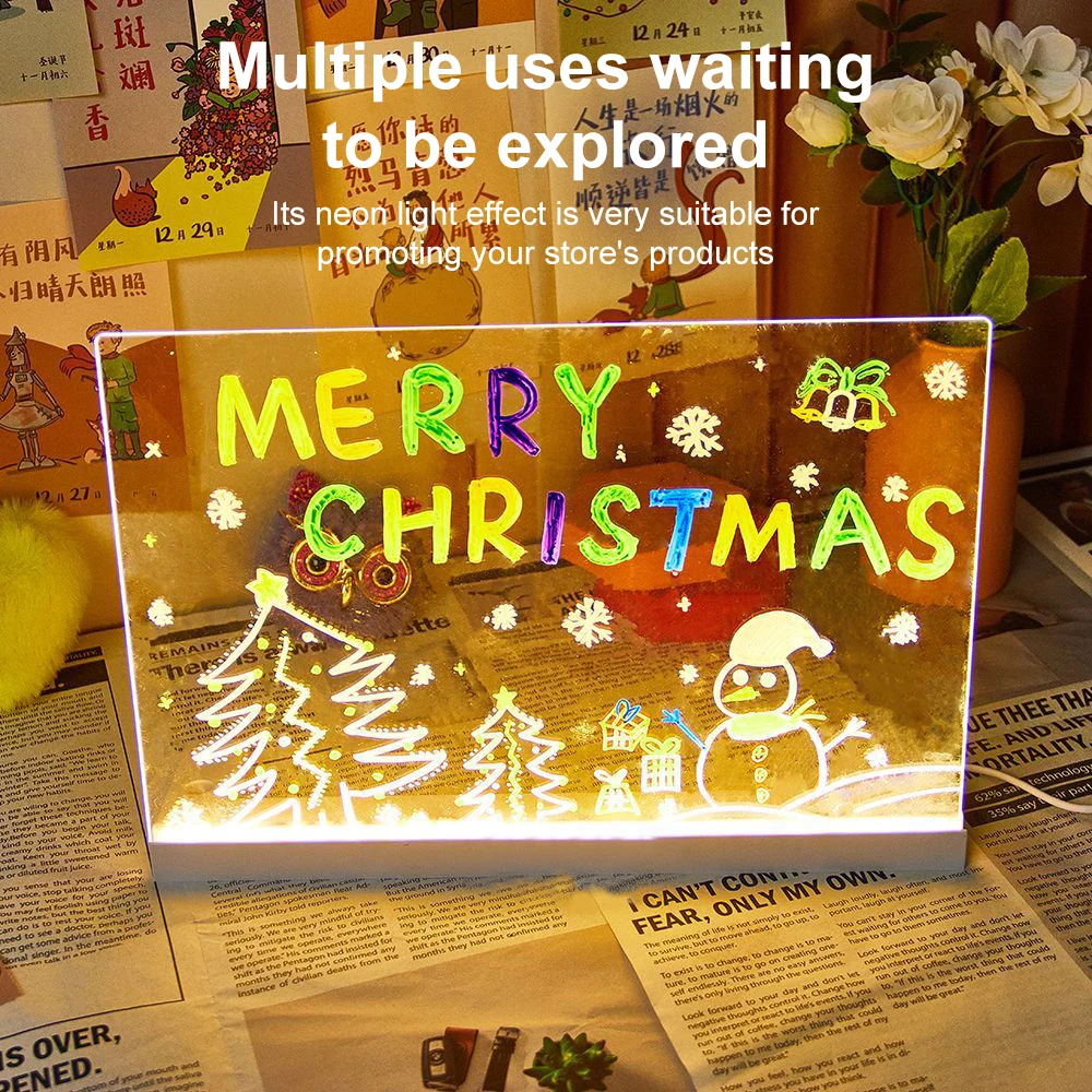 LED Luminous Acrylic Message Board with 7 Color Pens Warm Light DIY Drawing Note Board with Stand for Kids Friends Birthday Gift