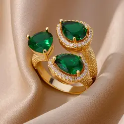 Cubic Zirconic Green Waterdrop Rings For Women Gold Color Stainless Steel Three-Layer Ring Luxury Jewelry Wedding Party Gifts