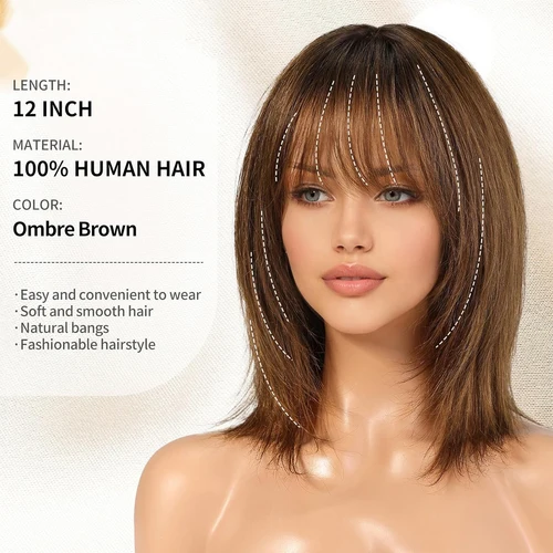 Imagen 2 del producto Pelucas de cabello humano marrón ombré de 12 pulgadas para mujer, pelucas de cabello humano Remy cortas y rectas con flequillo, cabello Natural marrón, cabello humano Real