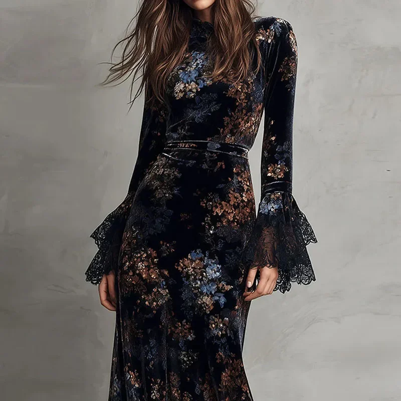 BWQ Retro Floral Print Velvet Long Dresses Woman Sexy O Neck High Waist Evening Dress Autumn Long Sleeve Spliced Lace Maxi Dress