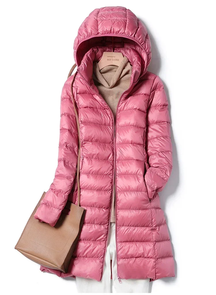 NONE Modische Oberbekleidung Winter Frauen koreanische Mode schlank entfernen Kapuze Parka Daunen jacken lange leichte dünne Mantel Puffer jacke 4