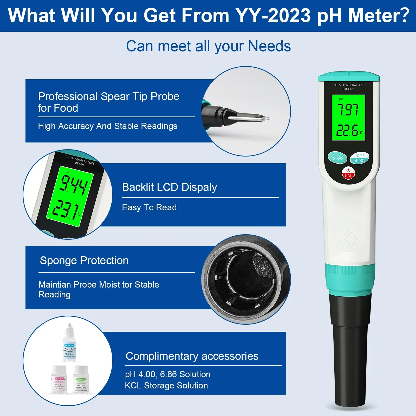 Professional Grade Food PH Meter,Backlit Portable PH Acidity Meter For Dough Meat Cheese