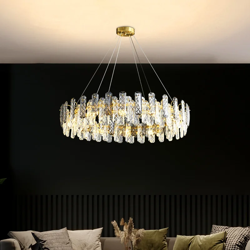 All brass round light luxury LED crystal chandelier, lustre living room, dining room home lighting decoration ceiling light.