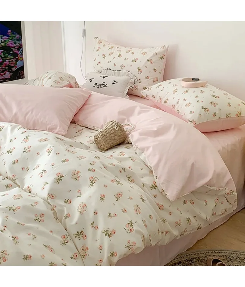 Pink Floral Bedding Set Soft Ins Single Double Queen Size Duvet Cover Flat Sheet Pillowcase Girls Home Totel Bed Linens