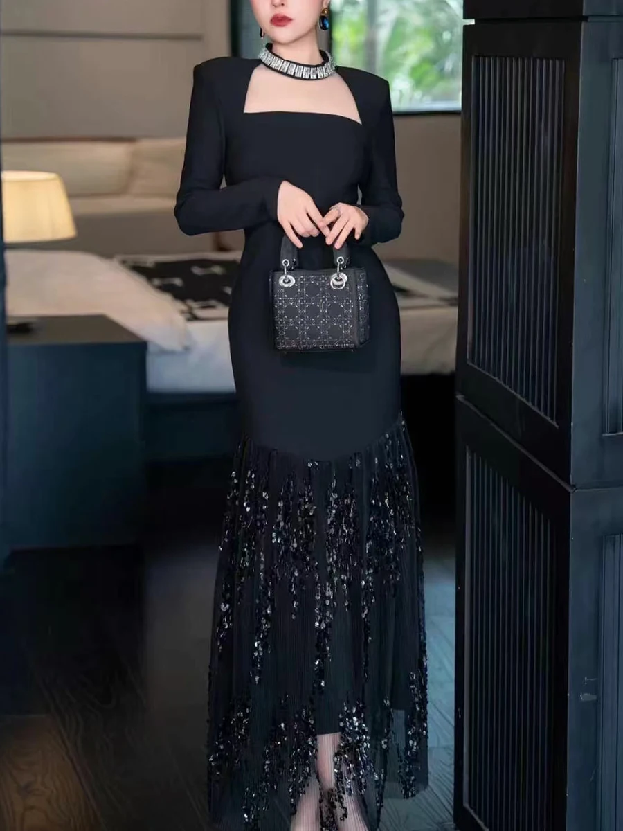 CHICEVER Sexy Luxury Maxi Dresses For Woman Square Collar Long Sleeve High Waist Spliced Tassel Sequins Dress Female Autumn 2024