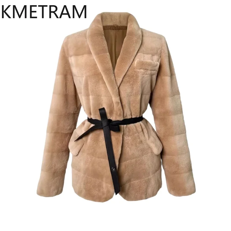 KMETRAM 100% chaqueta de piel de visón de terciopelo para mujer, traje de piel auténtica con cuello en V Beige, chaquetas con cinturón, ropa de invierno para mujer, 2025 шу onder