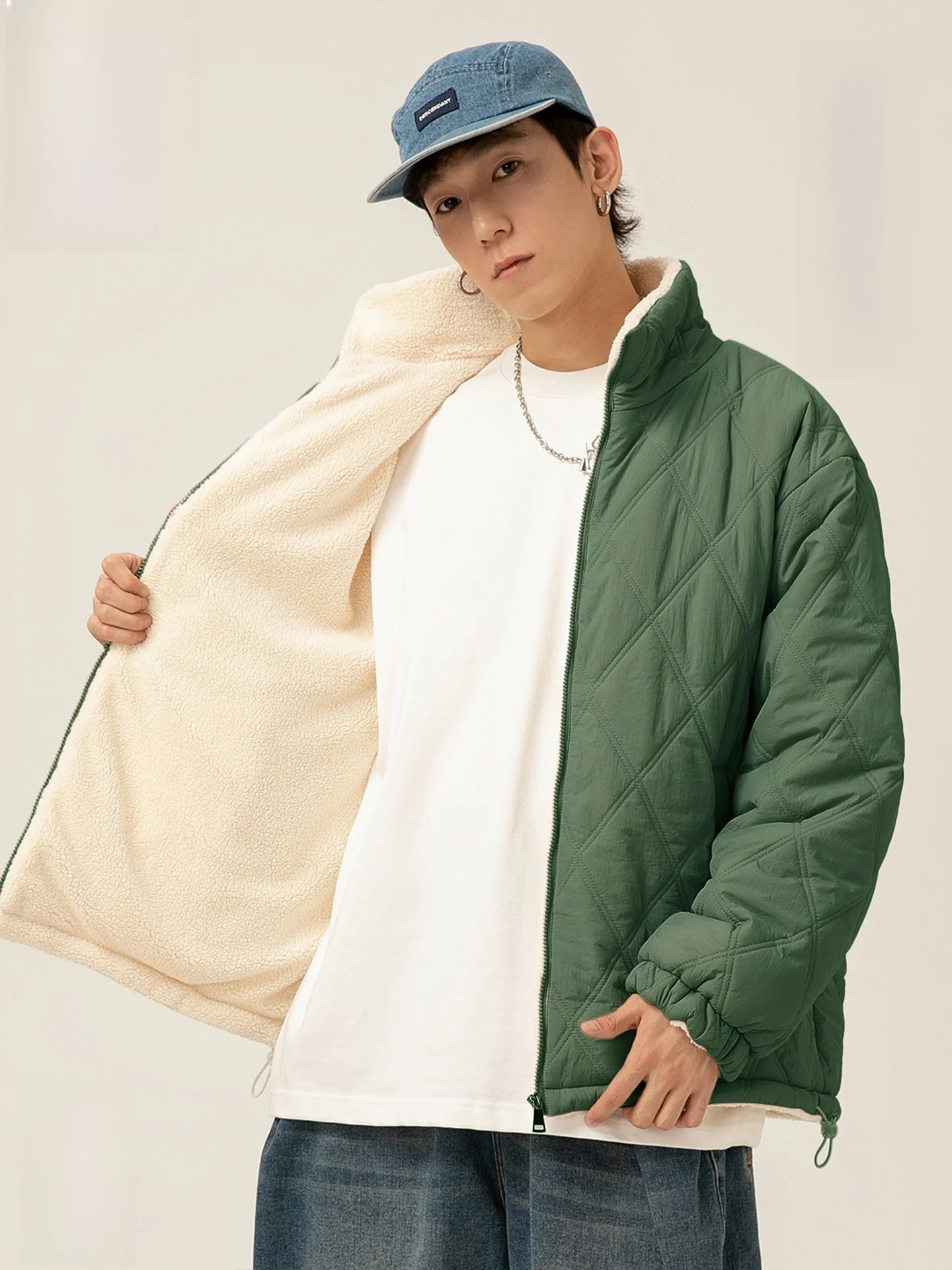 

Men's Thiened Fce Lined Stand Collar Cotton Jaet Winter Warm Outerwear Youth Casual Long Sve Zipper Coat