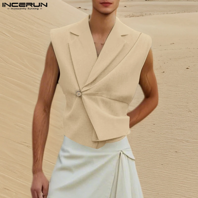 

INCERUN Men Vests Solid Color Lapel Sleeveless Loose One Button Male Waistcoats Streetwear 2025 Casual Crop Vests Men S-5XL