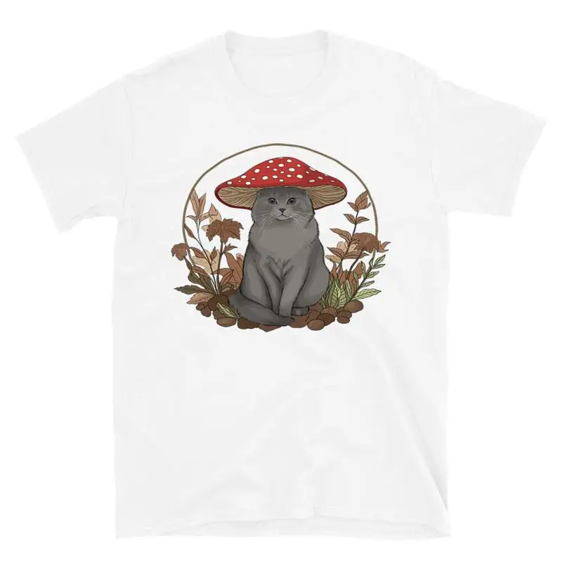 

Cottagecore Aesthetic Nature T Shirt Cat With Mushroom Hat Novelty