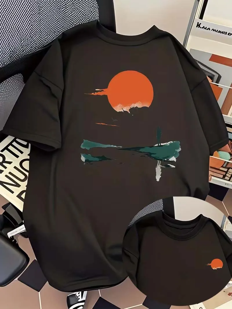 Unisex Japanese Style Sunset Print T-Shirt, Casual Crew Neck Short Sleeve, Trendy Graphic Tee for Summer Outdoor & Daily Wear