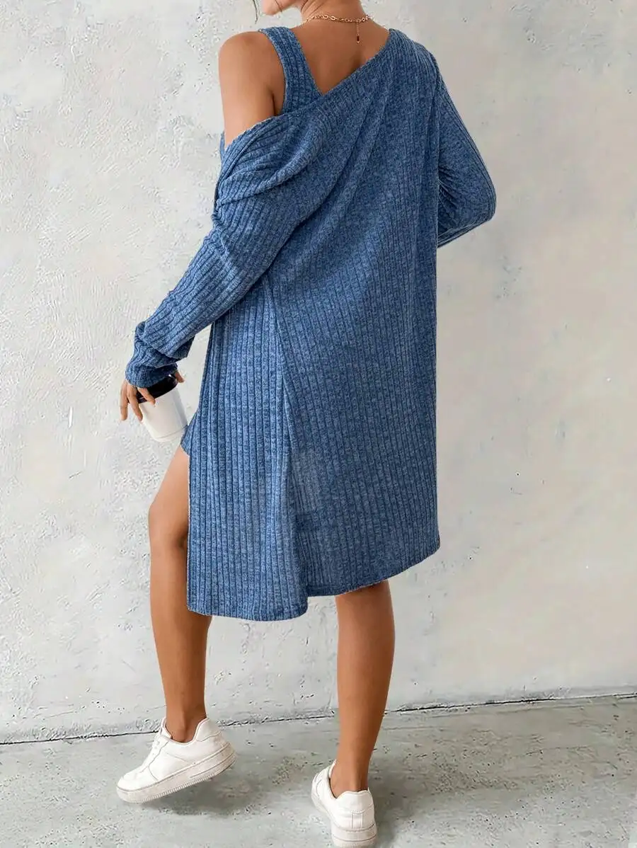 여성용 블루 리브드 니트 2피스 세트 (가디건 & 버튼 프론트 드레스), 가을 겨울 캐주얼 의상