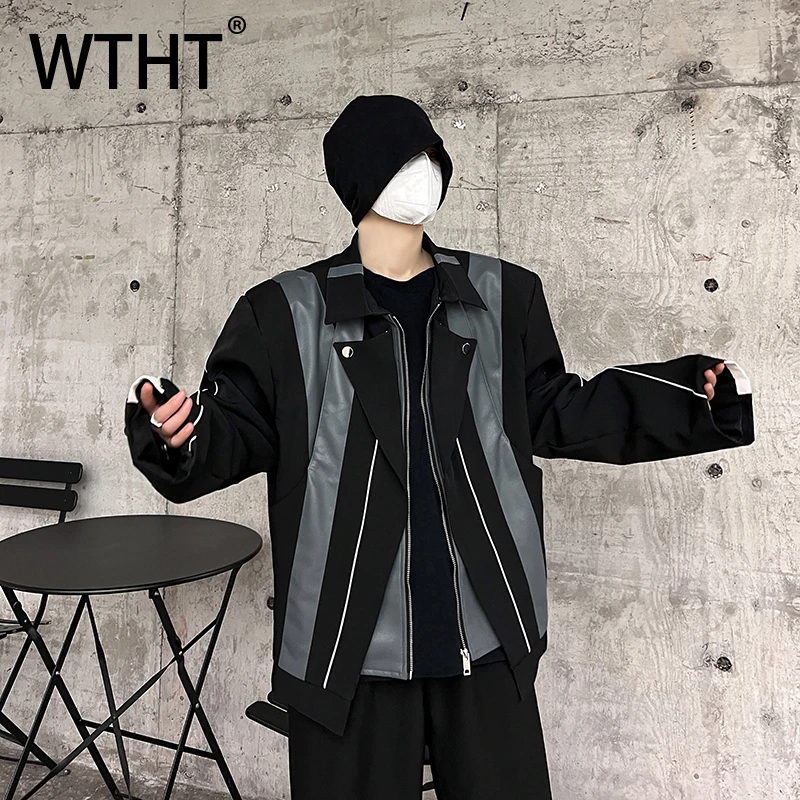 

WTHT Fashion Men's Patchwork Contrast Color Leather Coats Trendy Lapel Loose Long Sleeves Jackets Male 2025 Autumn 2A2456