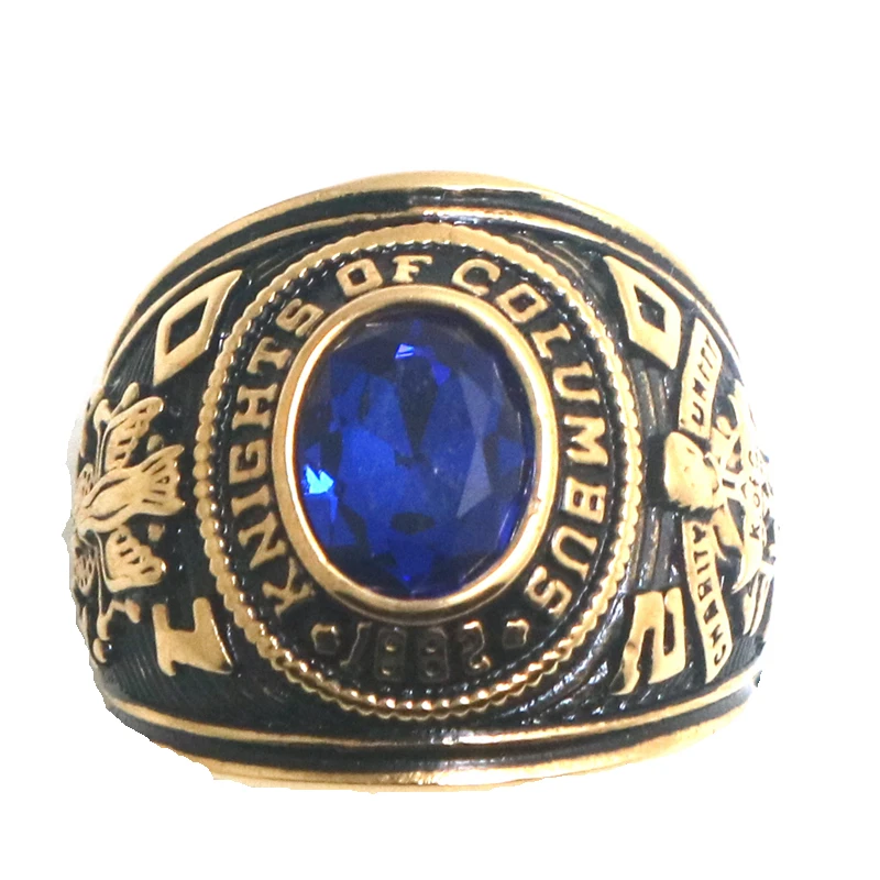 Unisex 316L Stainless Steel Rend Knights of Columbus Christianity Catholicism Blue Stone Gold-Color Ring Since 1882