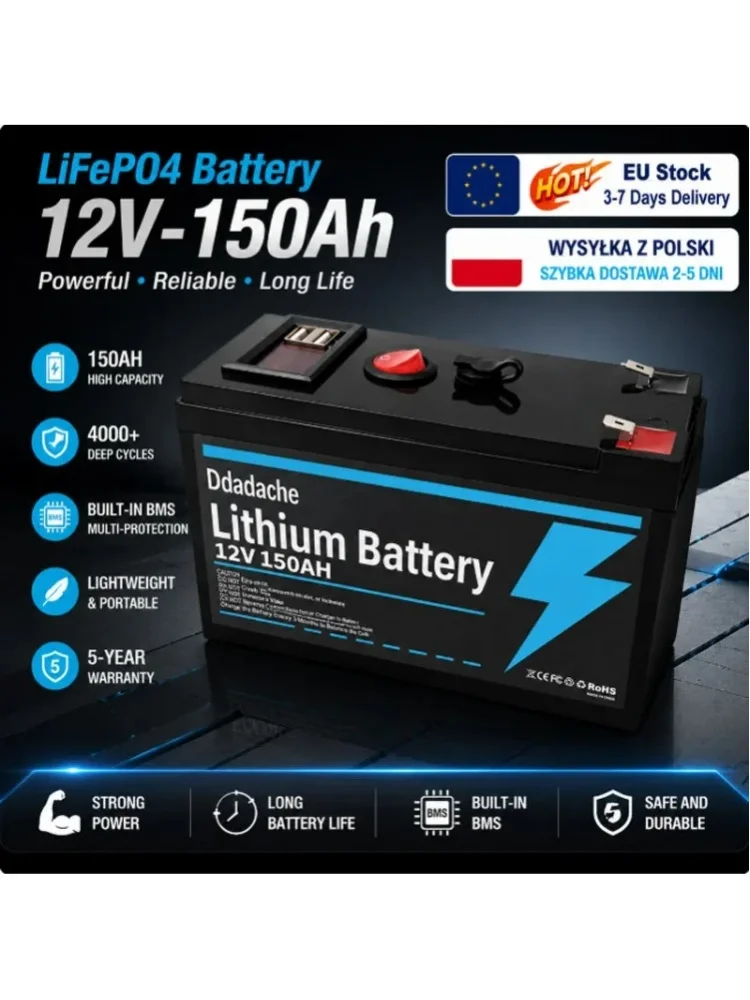 EU-Lokallieferung 12V 150Ah LiFePO4 Lithium-Batterie mit USB-Anschluss, Deep-Cycle-Solarladebatterie, ideal für Fischfinder, Kajak, Marine, Boot, Outdoor-Camping und netzunabhängige Anwendungen