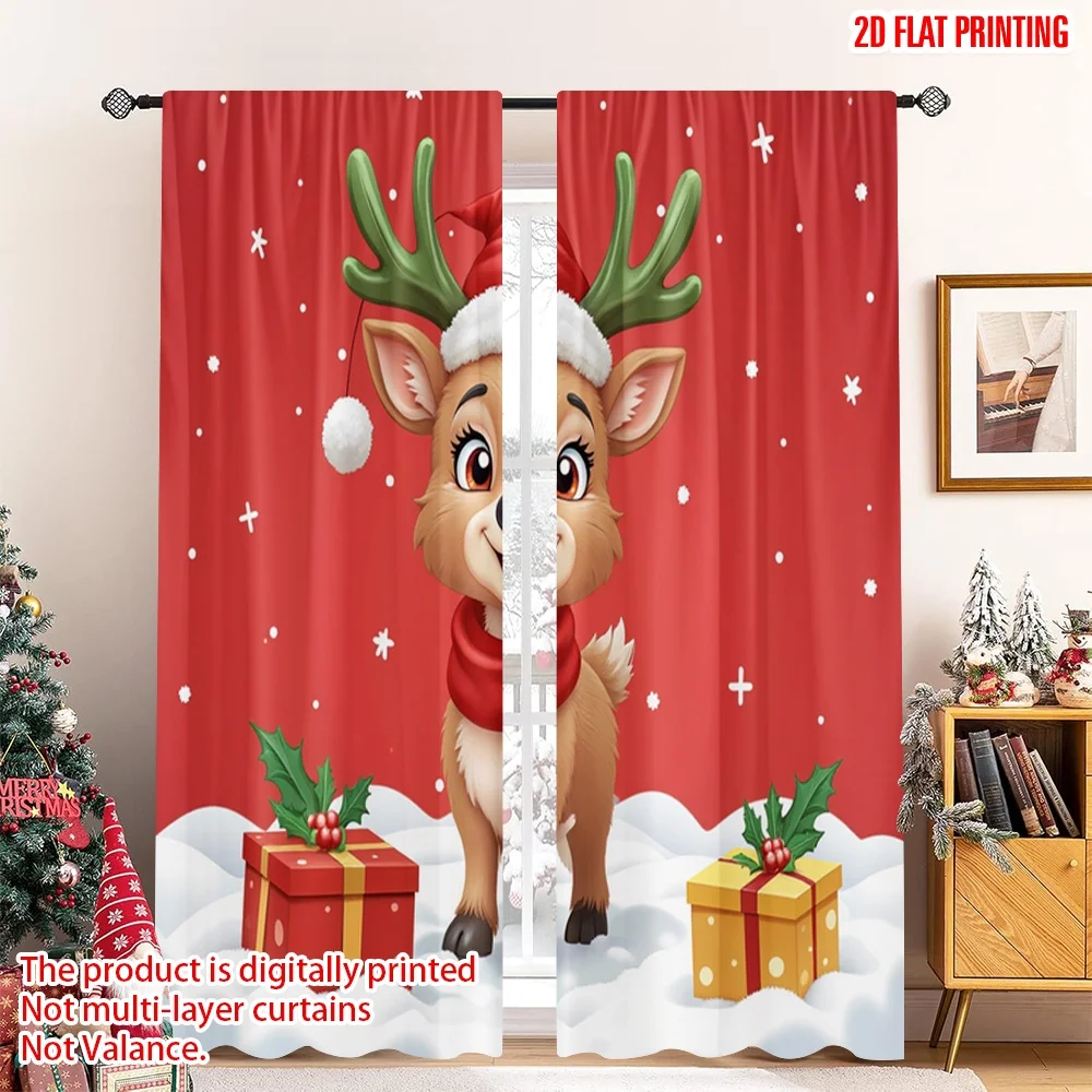 

2pcs 2D flat printing Merry Christmas Window Curtains Cute Christmas Reindeer Snowflakes Polyester Without Electricity 0 Perfect