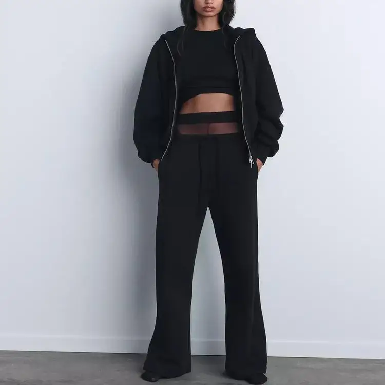 ربيع جديد المرأة عالية الخصر المخملية مستقيم الساق السراويل سستة مزين فضفاض البلوز مجموعة ملابس رياضية غير رسمية