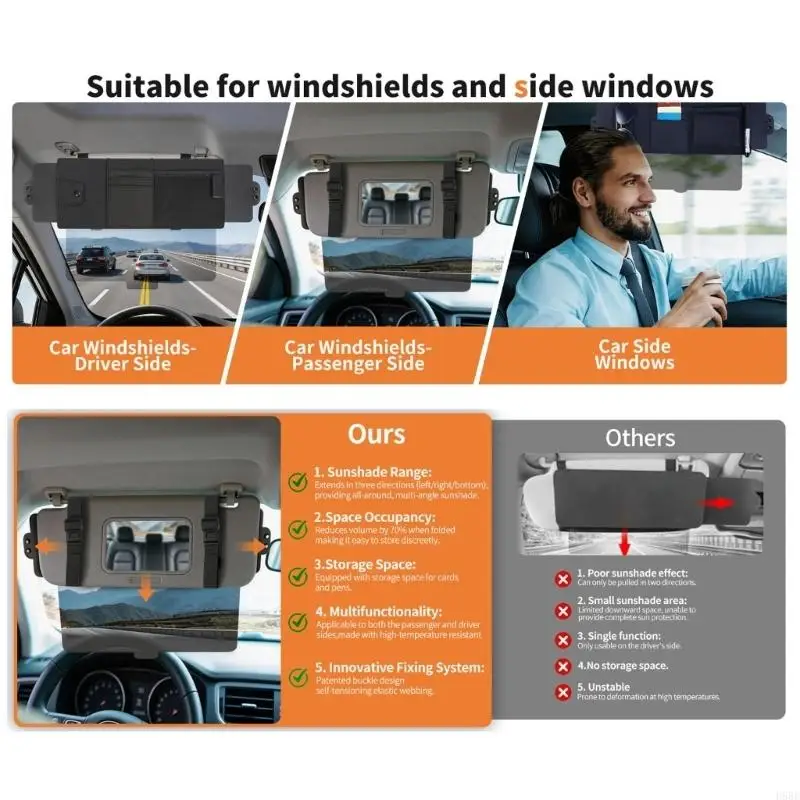 D5BE Overhead Car Shade Extension Case with Tinted Panel, Black Leather-Look Finish and Small-Item Storage for Commuting and