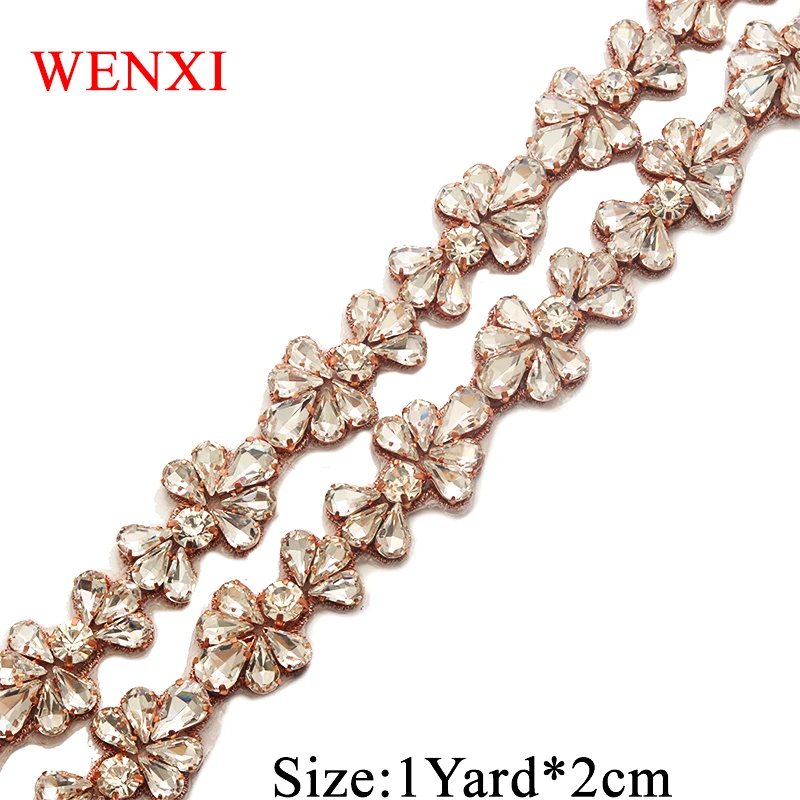 

WENXI 5YARDS Wholesale Rhinestone Applique Trim For Bridal Sash Clear Rose Gold Crystal Rhinestone Applique Accessories WX808