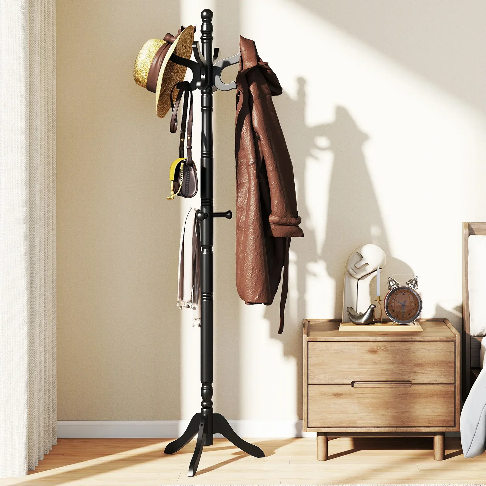 

Solid Rubber Wood Coat Rack, Freestanding Hall Tree with 3 Adjustable Heights and 11 Hooks, Entryway Hanger Stand for Hallway