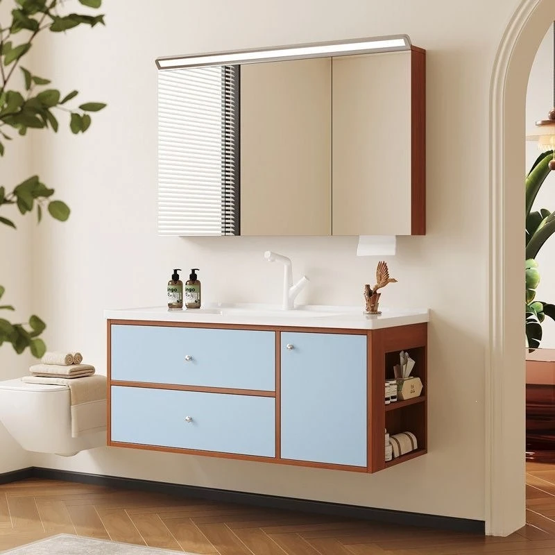 Antique double bathroom cabinet, oak solid wood combination ceramic integrated bathroom, dopamine contrasting color wash sink