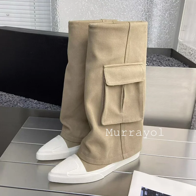 Pointed Toe Pocket Design Pants Boots Women Canvas Mixed Color Flat Bottom Mid-Calf Boots  Autumn Winter Fashion Runway Boats