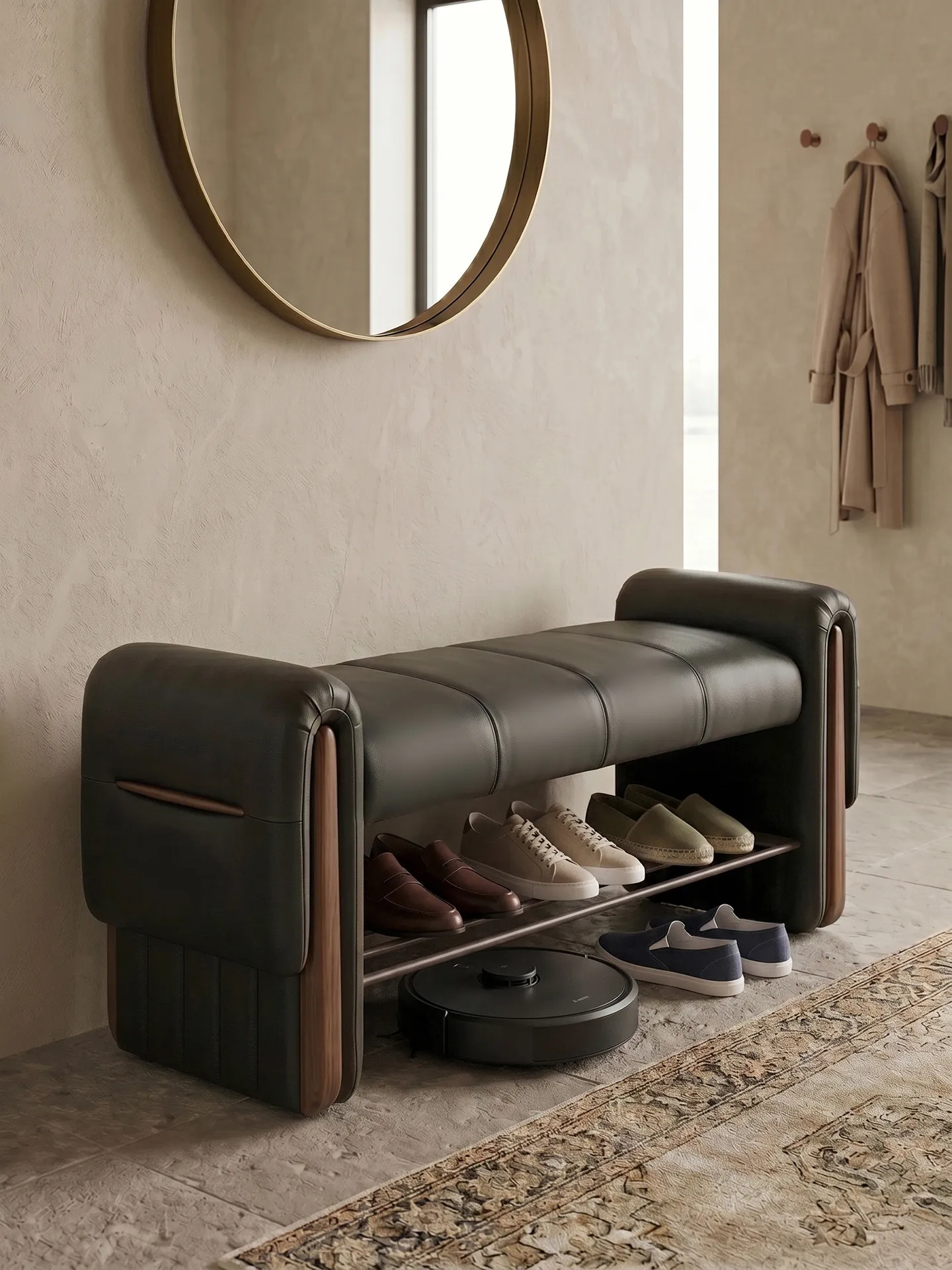 A shoe-changing bench with a built-in shoe cabinet can be placed at the entrance, adding a touch of luxury and sophistication to