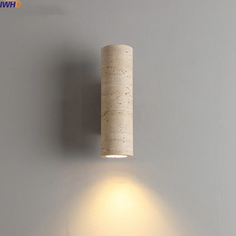 

IWHD Industrial Vintage LED Wall Lamps Indoor Decor 220v Round Yellow Travertine Stone Wood Stair Light Fixture Aplique Pared
