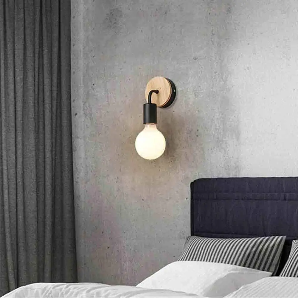 1.8M Modern Simple Iron Art Wall Light Fixture E27 with EU Plug Wood Bedside Wall Lamp for Bedroom Living Room Stair Aisle Light