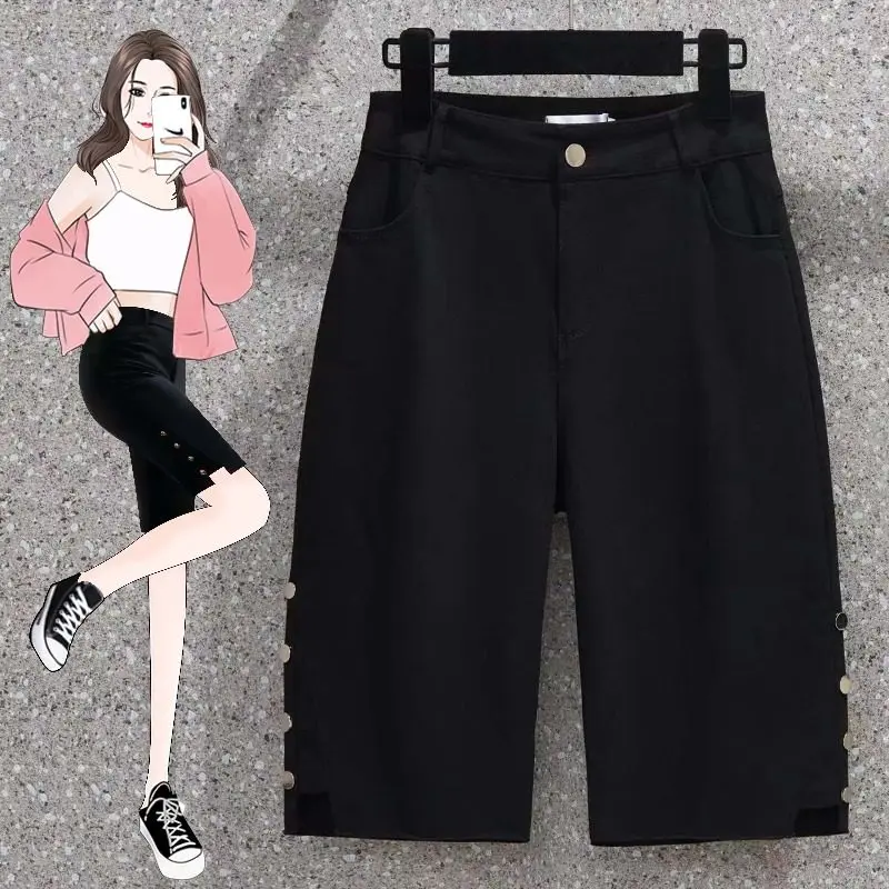 

Women‘s High Waisted Stretch Denim Shorts Black Summer Casual Streetwear Elastic Waist Fashion Five-Point Jean Shorts