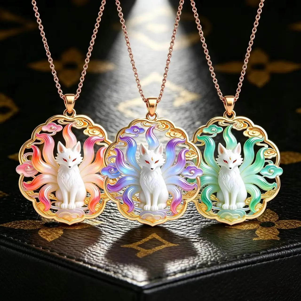 Women's Gold-Plated Nine-Tailed Fox Pendant Necklace Gradient Enamel Hollow Cloud Lucky Amulet Jewelry