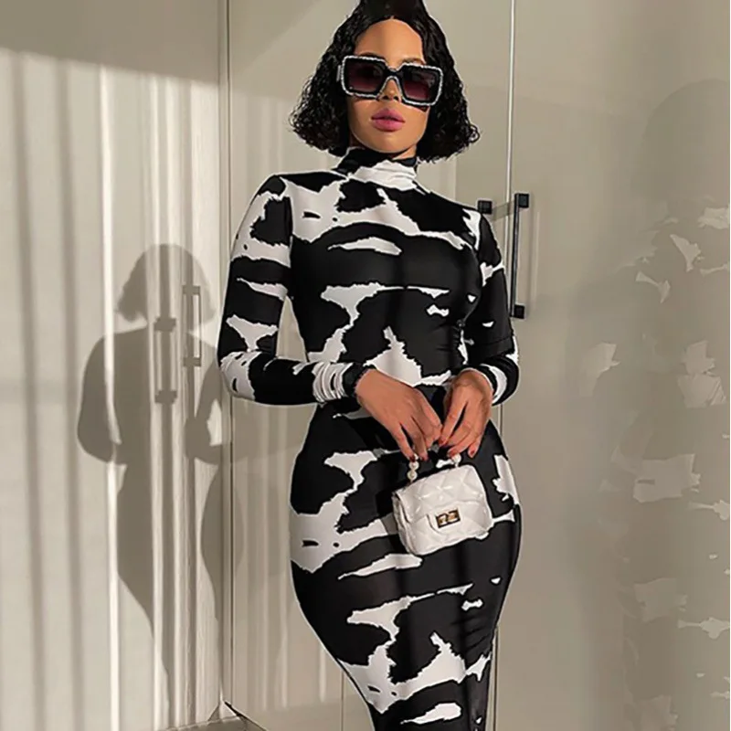 

Sexy Women Turtleneck Long Sleeve The Cow Printing Dress Fashion Clubwear Party Long Dress Bodycon Women Dresses Autumn Sexy Out