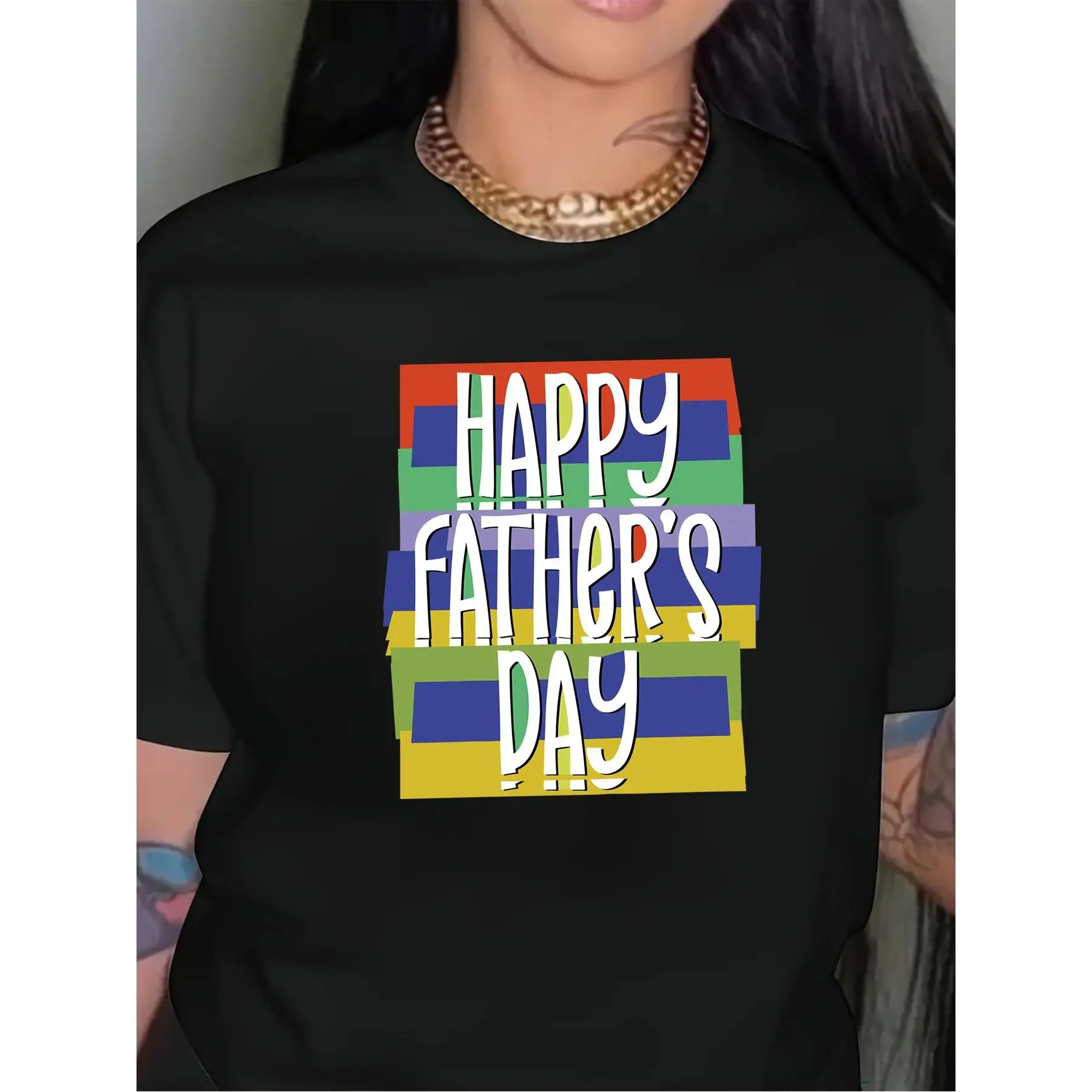 

1pc Plus Size Women's Happy Father's Day T-Shirt, Casual Round Neck Polyester Blend Tee with Bold Lettering & Colorful Stripes,