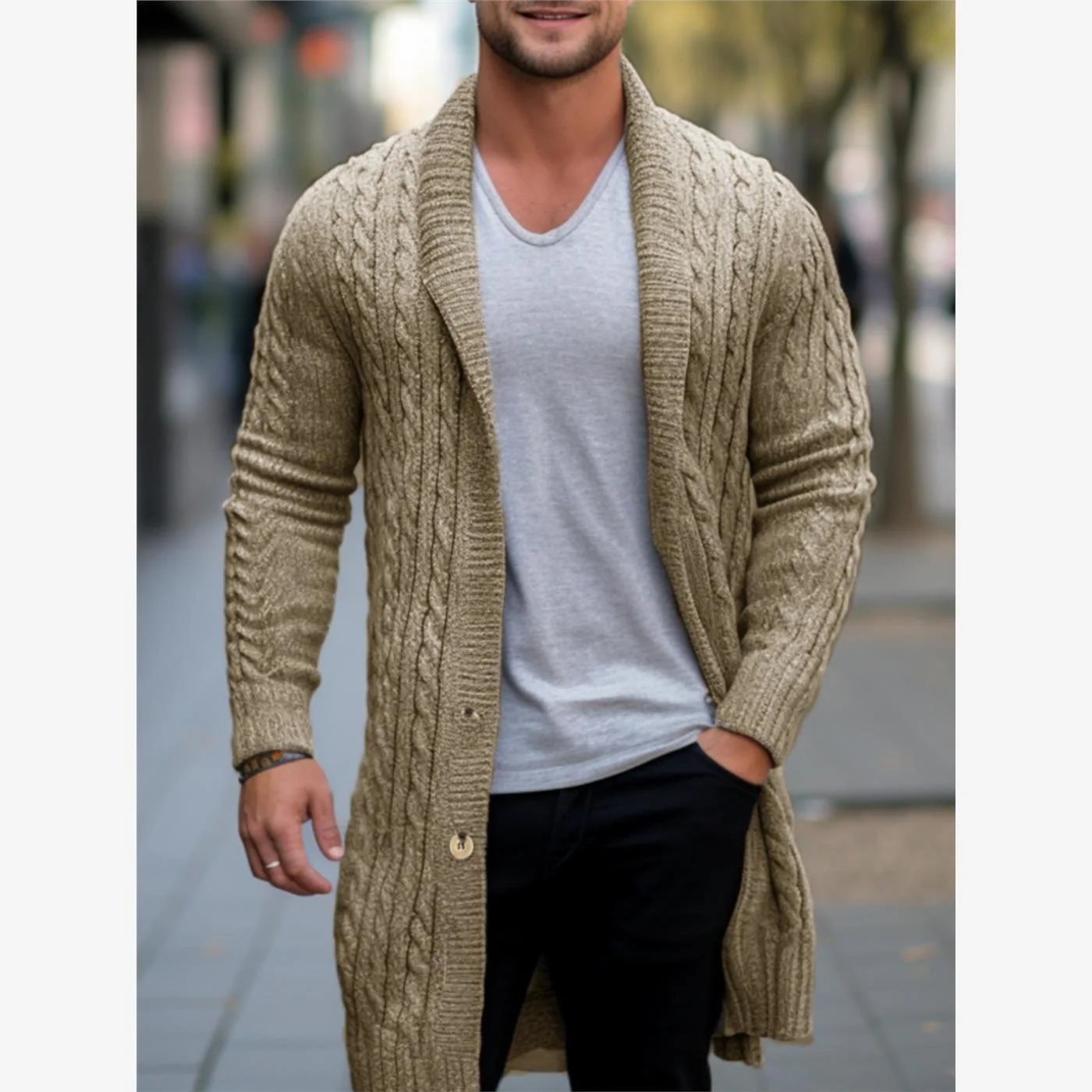 

Мужской вязаный кардиган средней длины с узором косы, из шерсти и хлопка Coolmax, осенне-зимний, с воротником