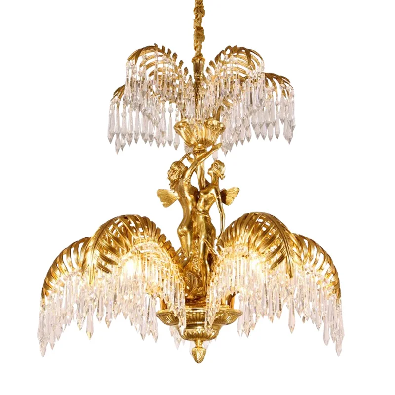 

French Royal Baroque Crystal Brass Chandelier Villa Hall Hotel Banquet Hall Home Light European Luxury Copper Pendant Lamp