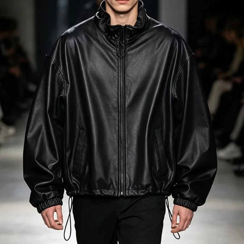 Couple Outfit Leather Jacket Autumn Man Ultra-thin Genuine Sheepskin Minimalist Coat Drawstring Stand Collar Chaqueta Hombre