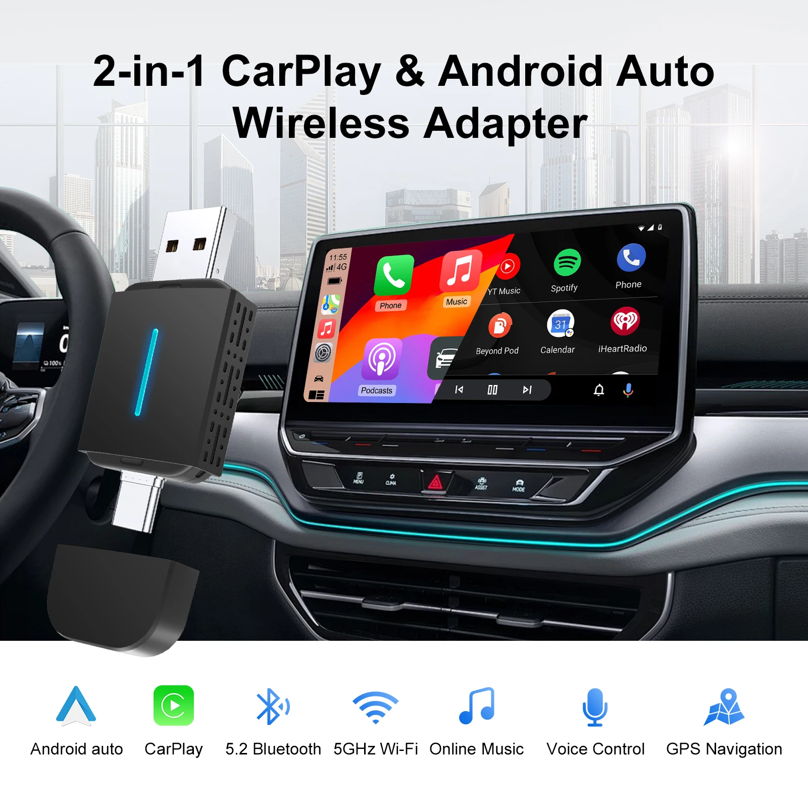 2025 2-in-1 Wireless CarPlay & Android Auto Adapter BT WiFi USB TYPE-C Dual Port Dongle Plug & Play for OEM Factory Wired Cars