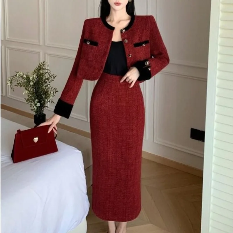 

Autumn Women's Fashion Formal Korean Solid Color Round Neck Long Sleeve Button Pocket Coat High Waist Long Dress Two Piece Set