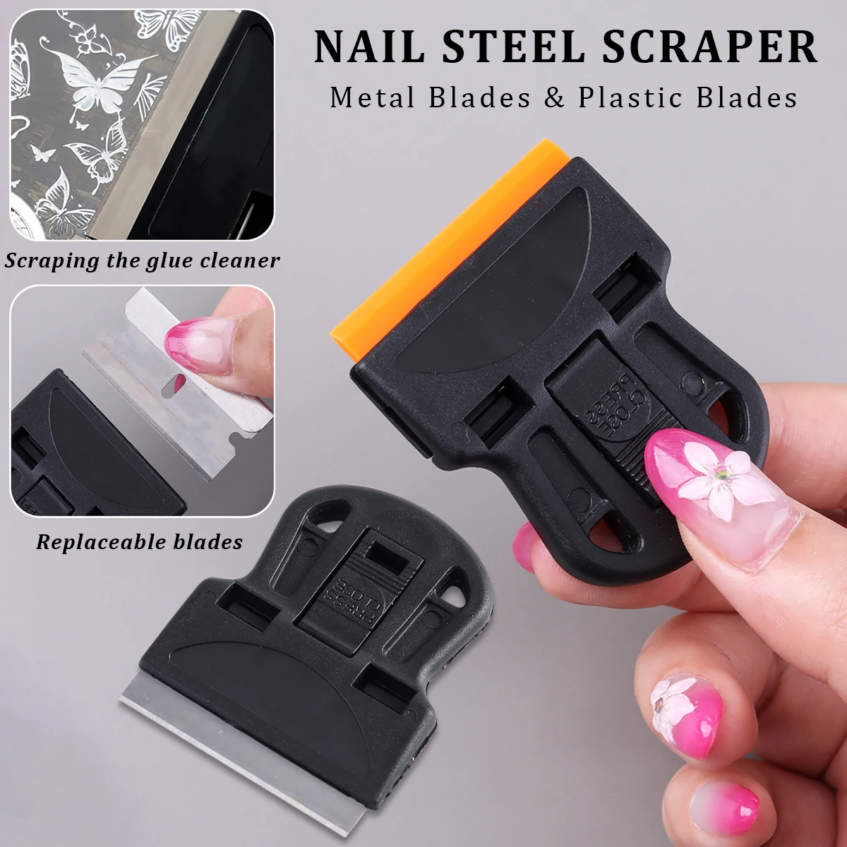 Mini Nail Steel Scraper with Replaceable Metal & Plastic Blades, Remover Tool for Nail Sticker Residue, Gel Glue Cleaning