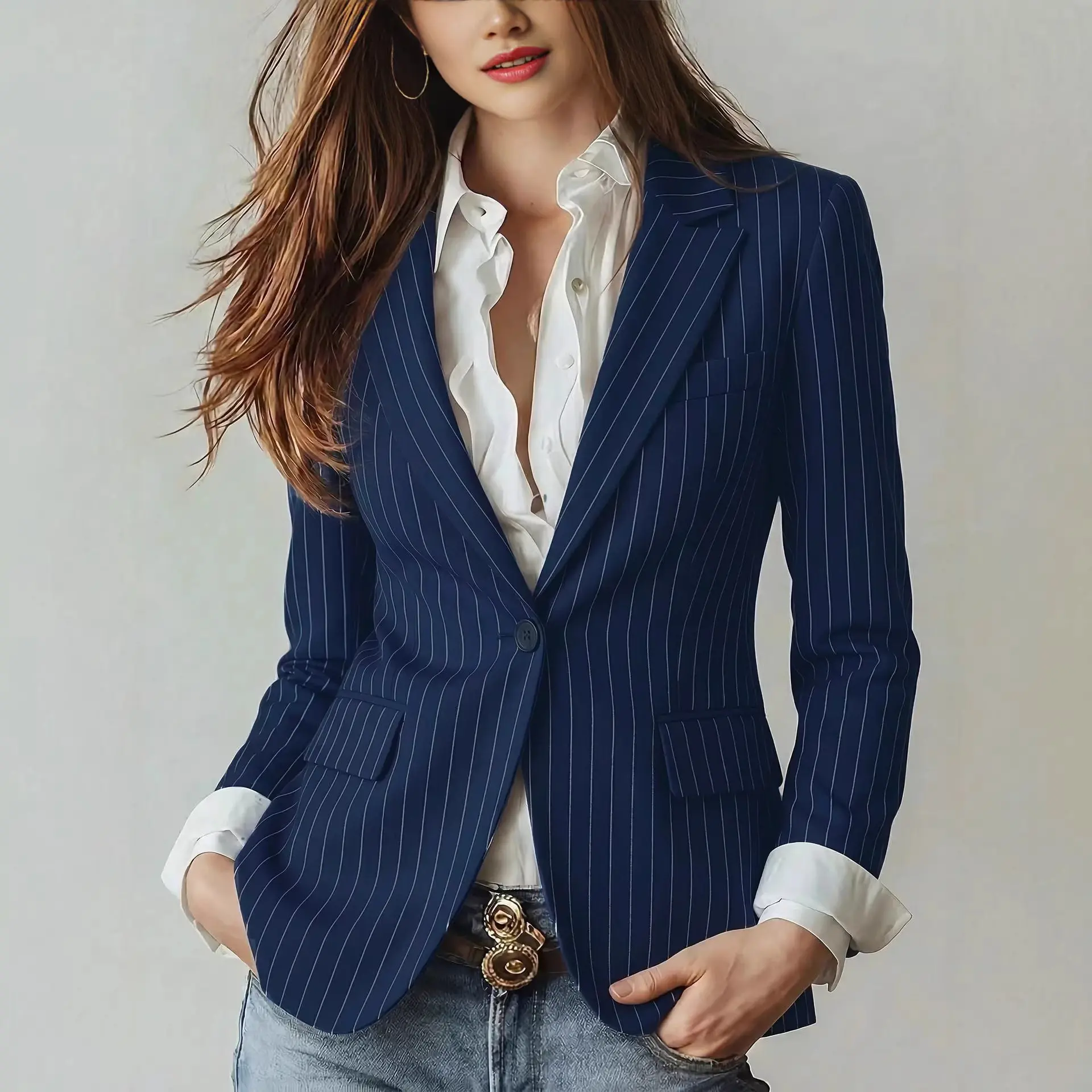 Formal Notched Blazer Coat Outerwear for Women 2026 New Autumn Spring Singel Button Business Fashion Striped Blazers Workwear