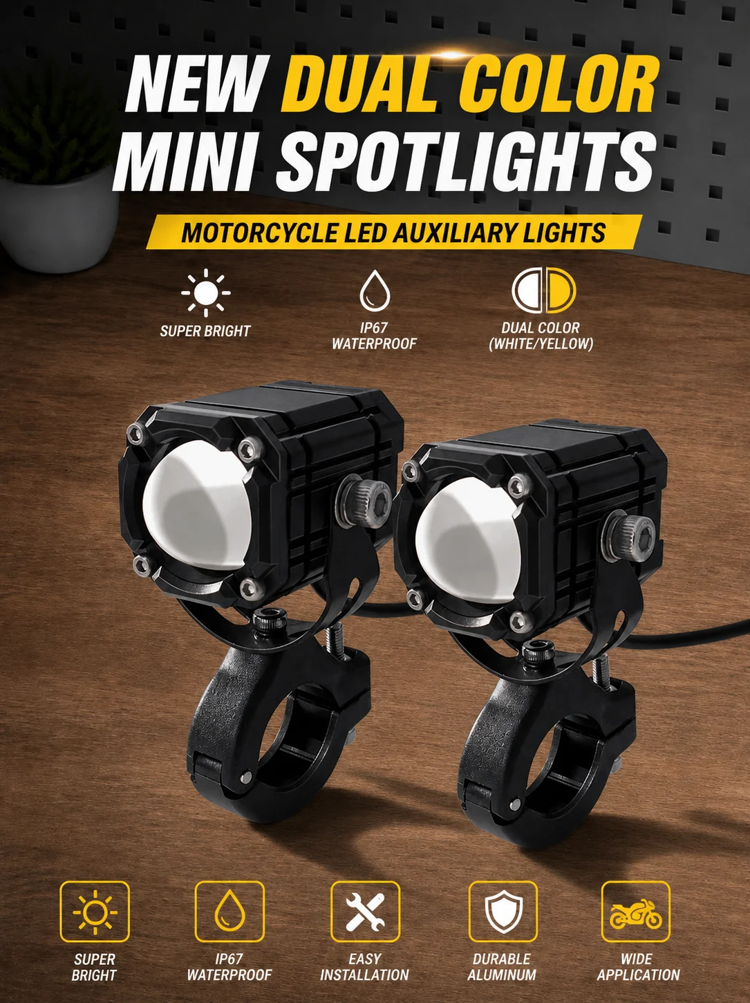 New Dual Color Mini Spotlights, Motorcycle LED Auxiliary Lights, Super Bright Waterproof Headlights